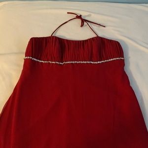 Full length red dress with rhinestone trim in front